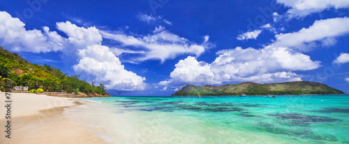 scenic panorama of the beautiful beache in Seychelles islands