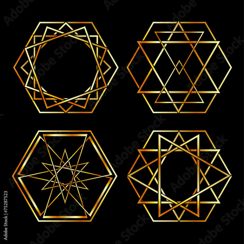 Set of Artistic hexagonal logos in gold