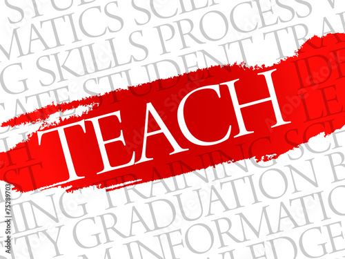 TEACH. Word education collage on gray vector background