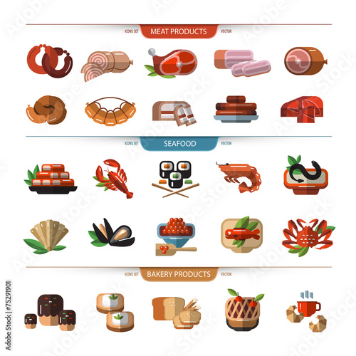 Food set of icons, symbols. Meat, seafood, bread.
