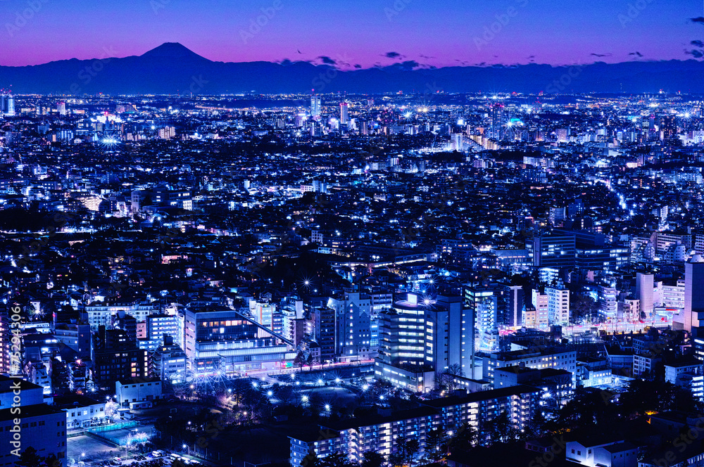 東京の夕暮れと富士山