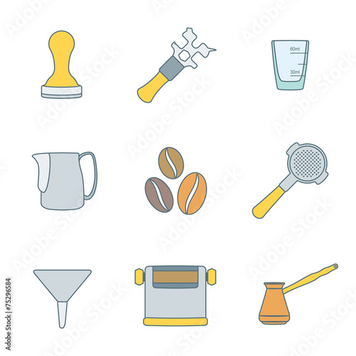 vector colored outline coffee barista equipment icons set tools photo