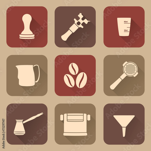 vector silhouette flat coffee barista equipment icons set tools