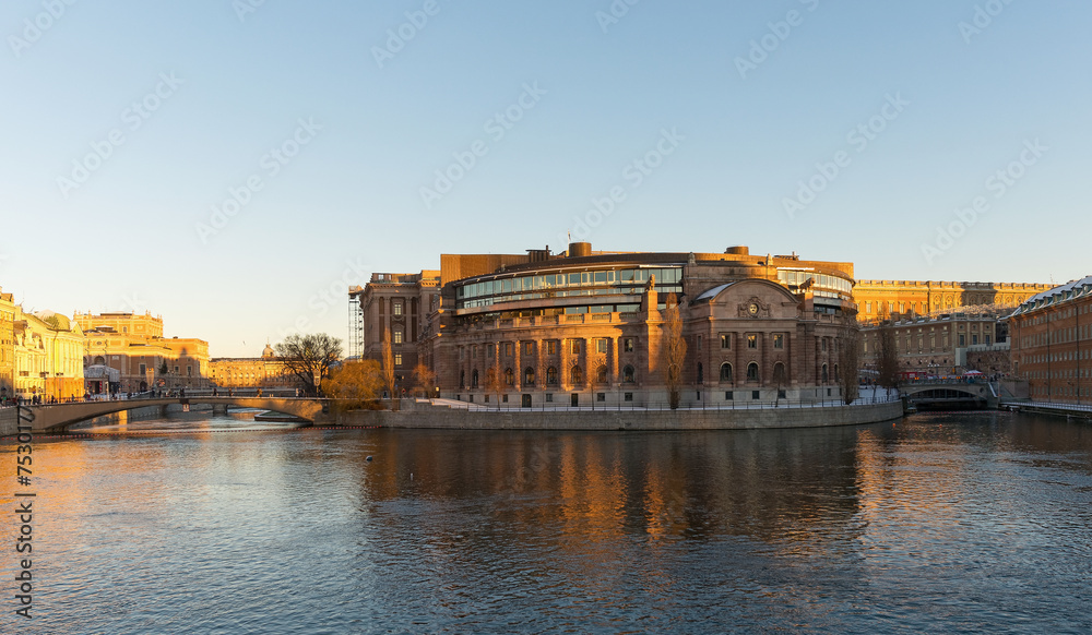 Swedish Parliament building or Rosenbad in evening sun