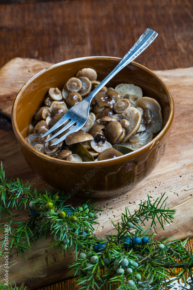 marinated honey fungus in brown bowl on wooden table.