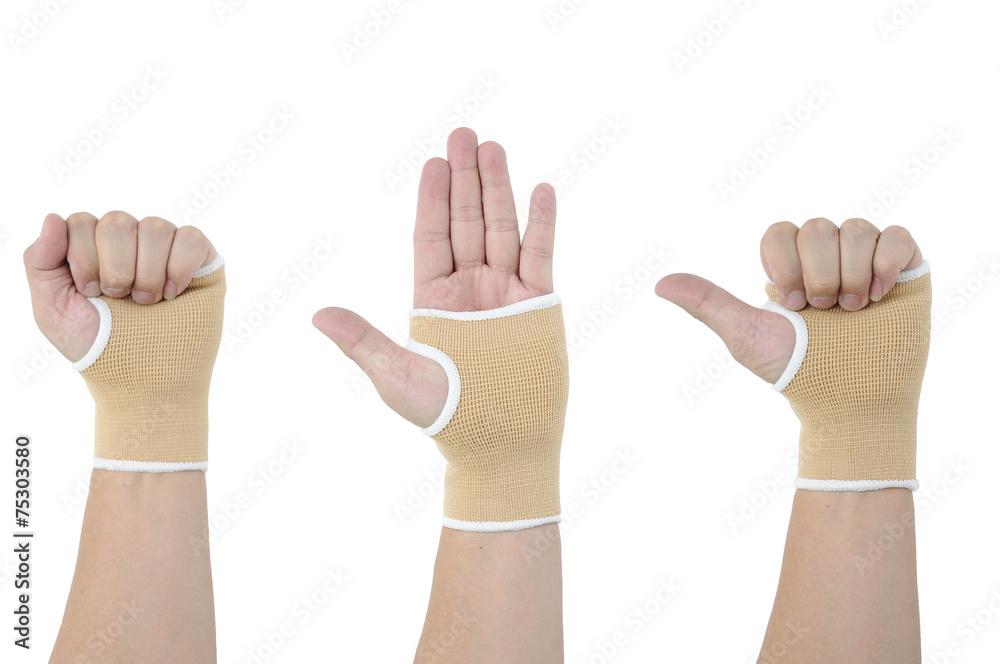 Man hand with wrist-support protection on white background, body Man hand with wrist-support protection on white background, body