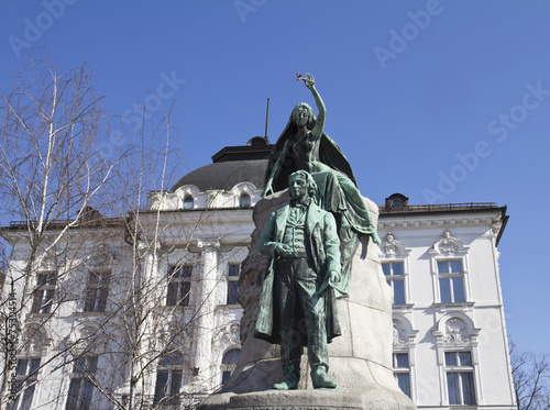 Statue of poet France Preseren, in the capital city Ljubljana, Slovenia photo