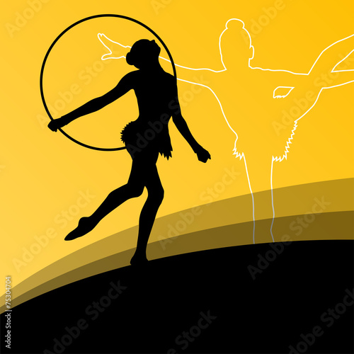 Active young girl gymnasts silhouettes in acrobatics spinning ri