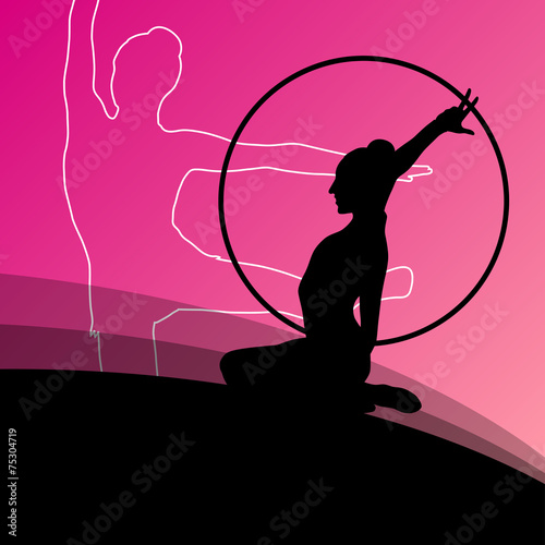 Active young girl gymnasts silhouettes in acrobatics spinning ri