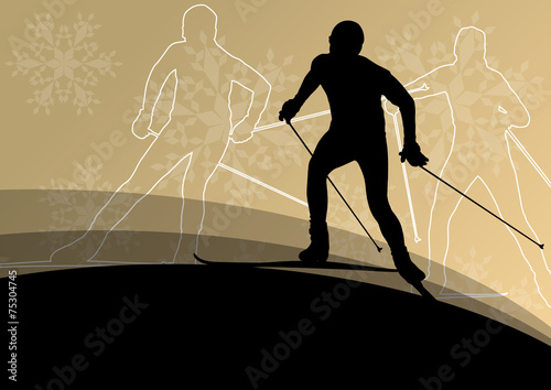 Active young men skiing sport silhouettes in winter ice and snow