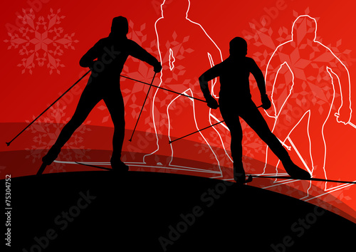 Active young men skiing sport silhouettes in winter ice and snow