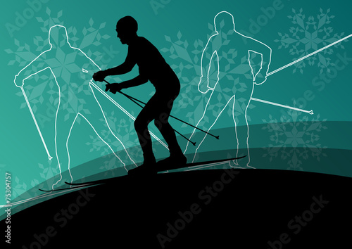 Active young men skiing sport silhouettes in winter ice and snow