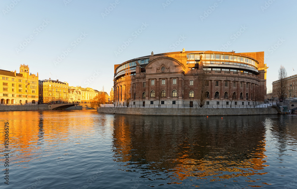 Swedish Parliament building or Rosenbad in evening sun during