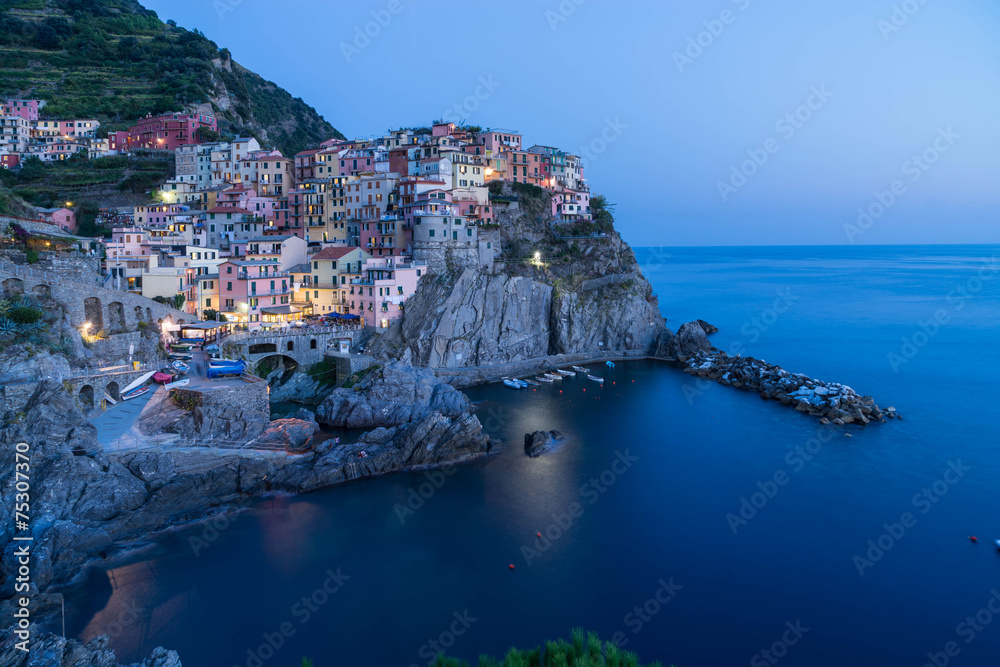 Scenic night view of colorful village Manarola in Cinque Terre,