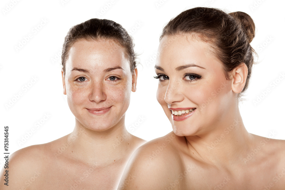 Comparison portrait of a woman without and with makeup Comparison portrait of a woman without and with makeup