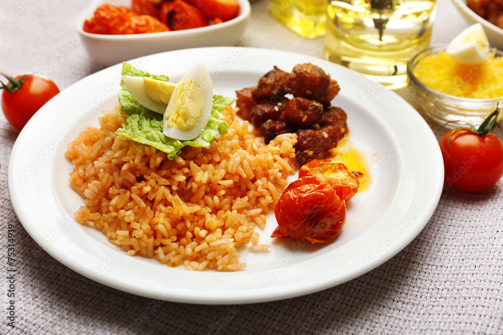 Tasty rice served on table, close-up Tasty rice served on table, close-up