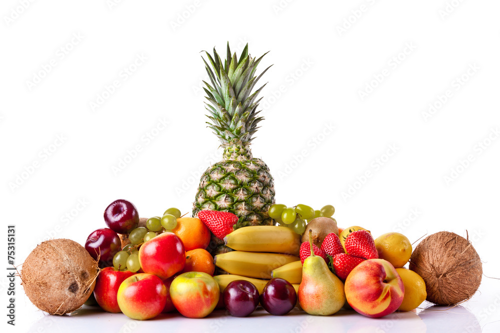 Fresh fruits isolated on a white . Set of different fresh fruits Fresh fruits isolated on a white . Set of different fresh fruits