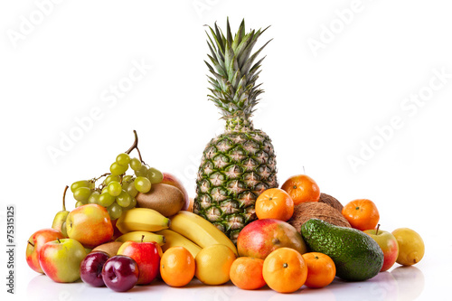Fresh fruits isolated on a white . Set of different fresh fruits