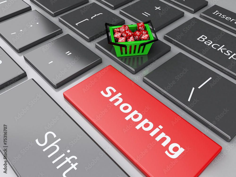 Fototapeta premium 3d Shopping basket with red cubes on computer keyboard. Online