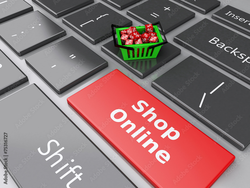 Fototapeta premium 3d Shopping basket with red cubes on computer keyboard. Online