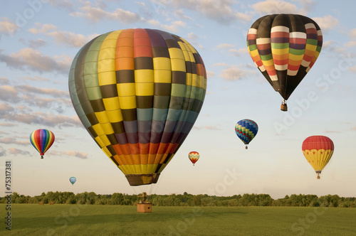 Various hot-air balloons floating over a field