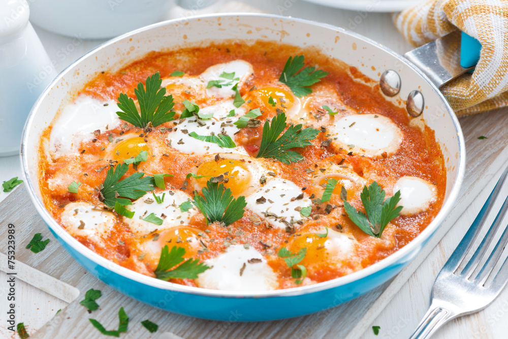 breakfast with fried quail eggs, close-up