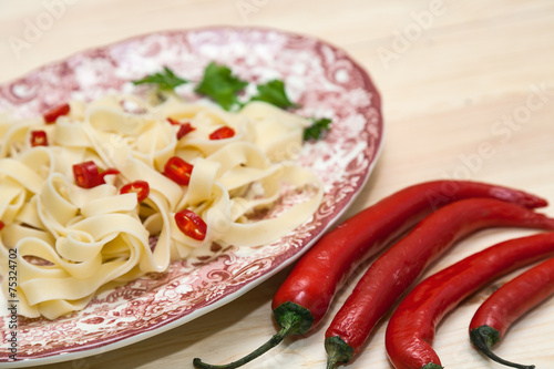 Fettuccini Italian pasta with parsley and hot peppers