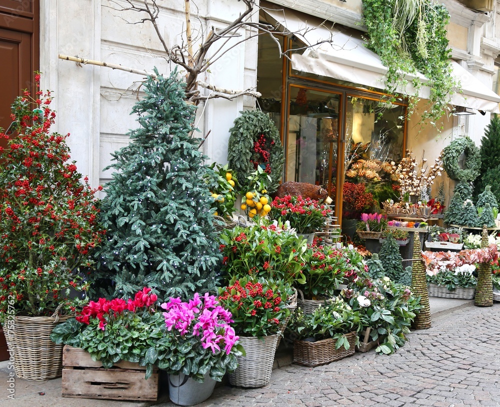 florist's shop along the main street of ancient European city