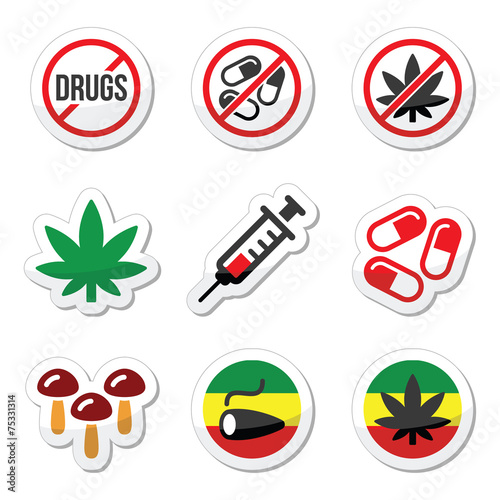 Drugs, addiction, marijuana, syringe colorful labels set