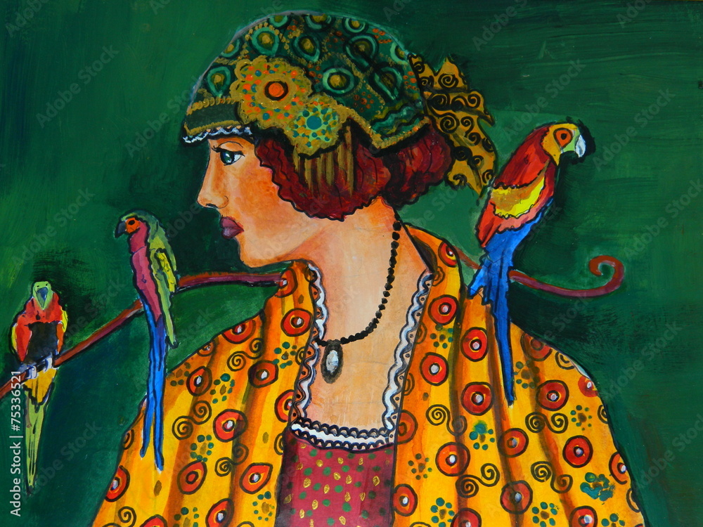 Fototapeta premium girl and parrots