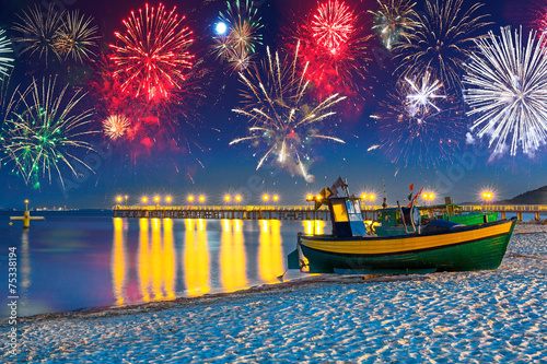 New Years firework display at Baltic Sea, Poland