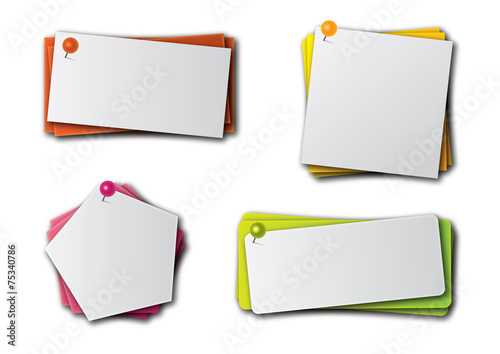business work office paper note banner tag vector graphic, pin with memo, reminder object, working with document, stationery design, set collection, colorful