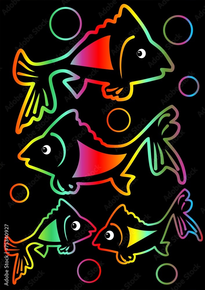 Cheerful rainbow neon fishes on black background