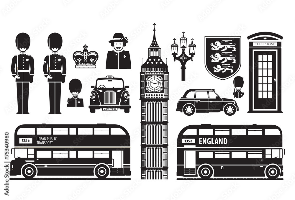 England, London, UK set of icons - obrazy, fototapety, plakaty 
