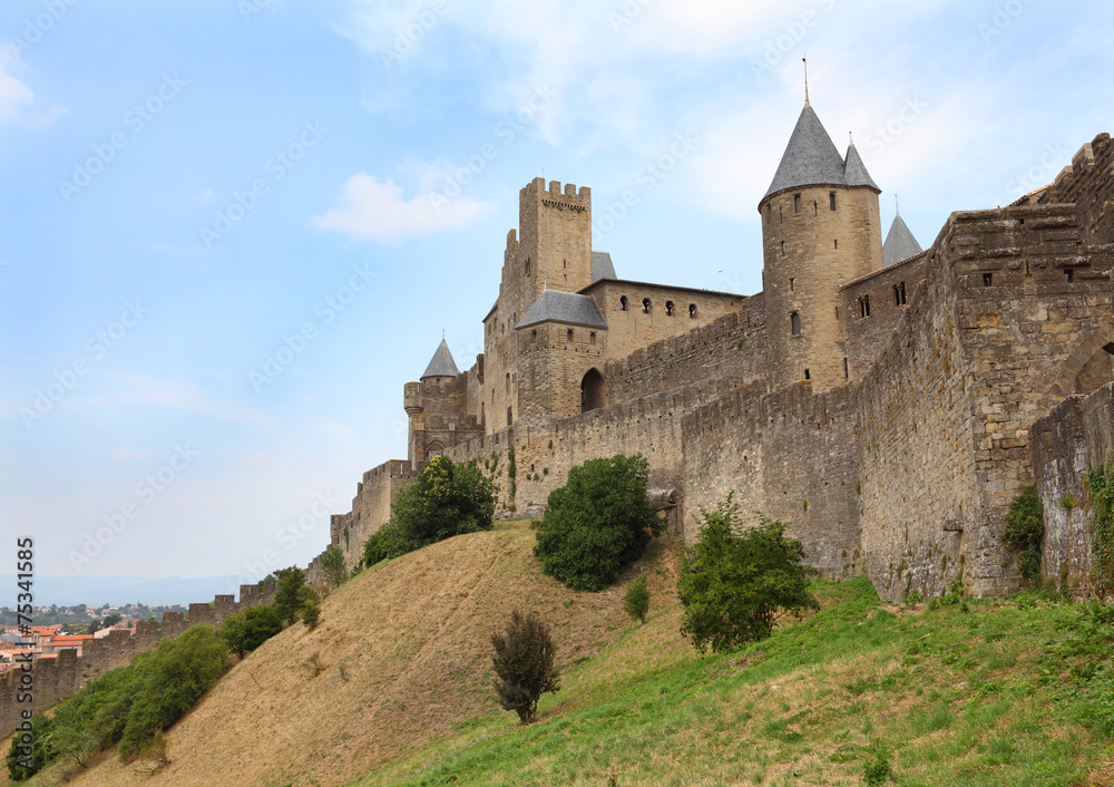 The walls around medieval city of Carcassone, France