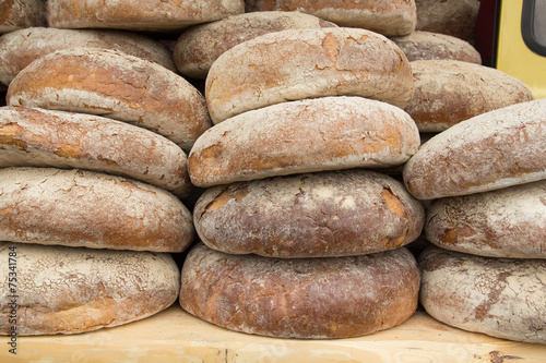 Large loaves of bread in a bakery