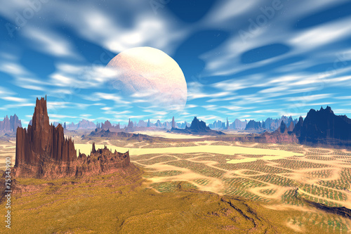 3D rendered fantasy alien planet. Rocks and moon