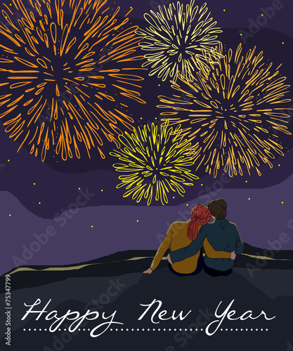 New Year card with couple watching the fireworks