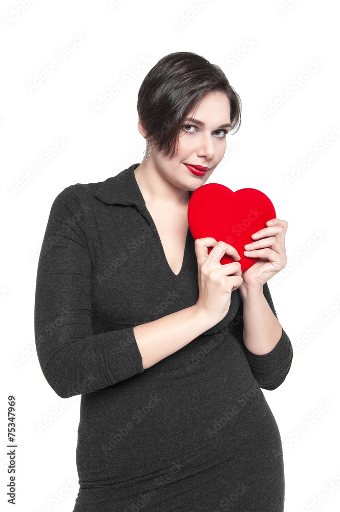 Beautiful plus size woman with red heart isolated Beautiful plus size woman with red heart isolated