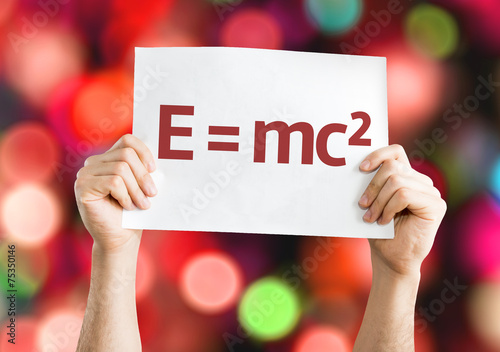 Fototapeta E = mc2 card with colorful background with defocused lights