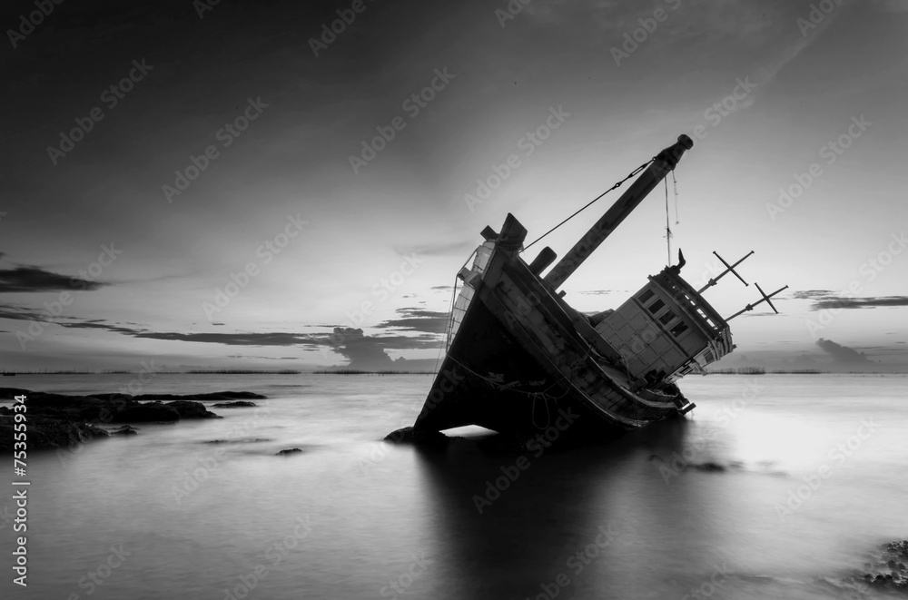 The wrecked ship in black and white