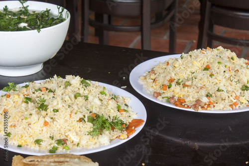 Portion of rice and vegetables