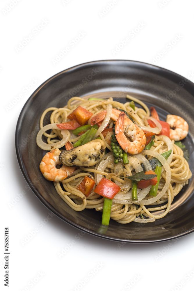 Stir fried spicy spaghetti with seafood Stir fried spicy spaghetti with seafood