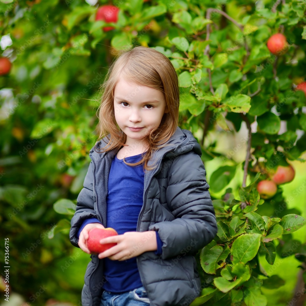 Little girl with an apple by on autumn day Little girl with an apple by on autumn day