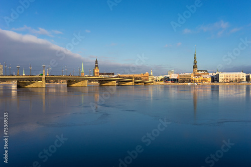Panorama of Riga on the frozen river and fresh snow