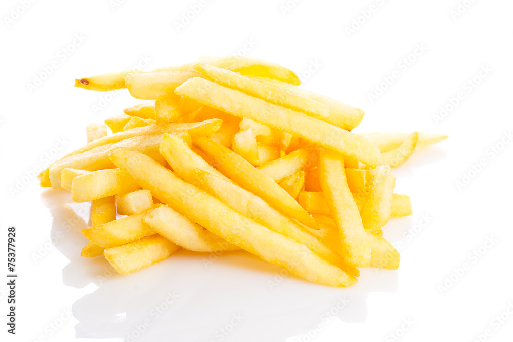 a pile of appetizing french fries isolated on a white background a pile of appetizing french fries isolated on a white background