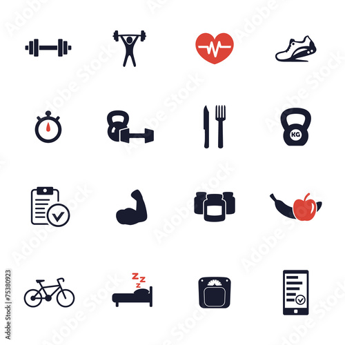16 fitness, gym, healthy living icons vector illustration, eps10