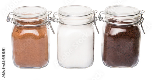 Fotografie Instant coffee, chocolate drink powder and sugar in glass jar