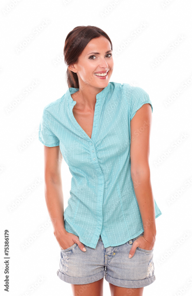 Pretty woman in blue blouse smiling Pretty woman in blue blouse smiling