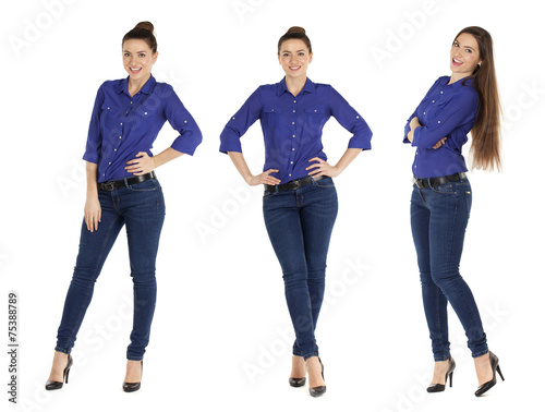 Collage, beautiful women in blue jeans and blue shirt